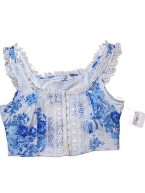 Altar’d State Lacianne Crop Top S Blue White Floral Lace Corset NWT